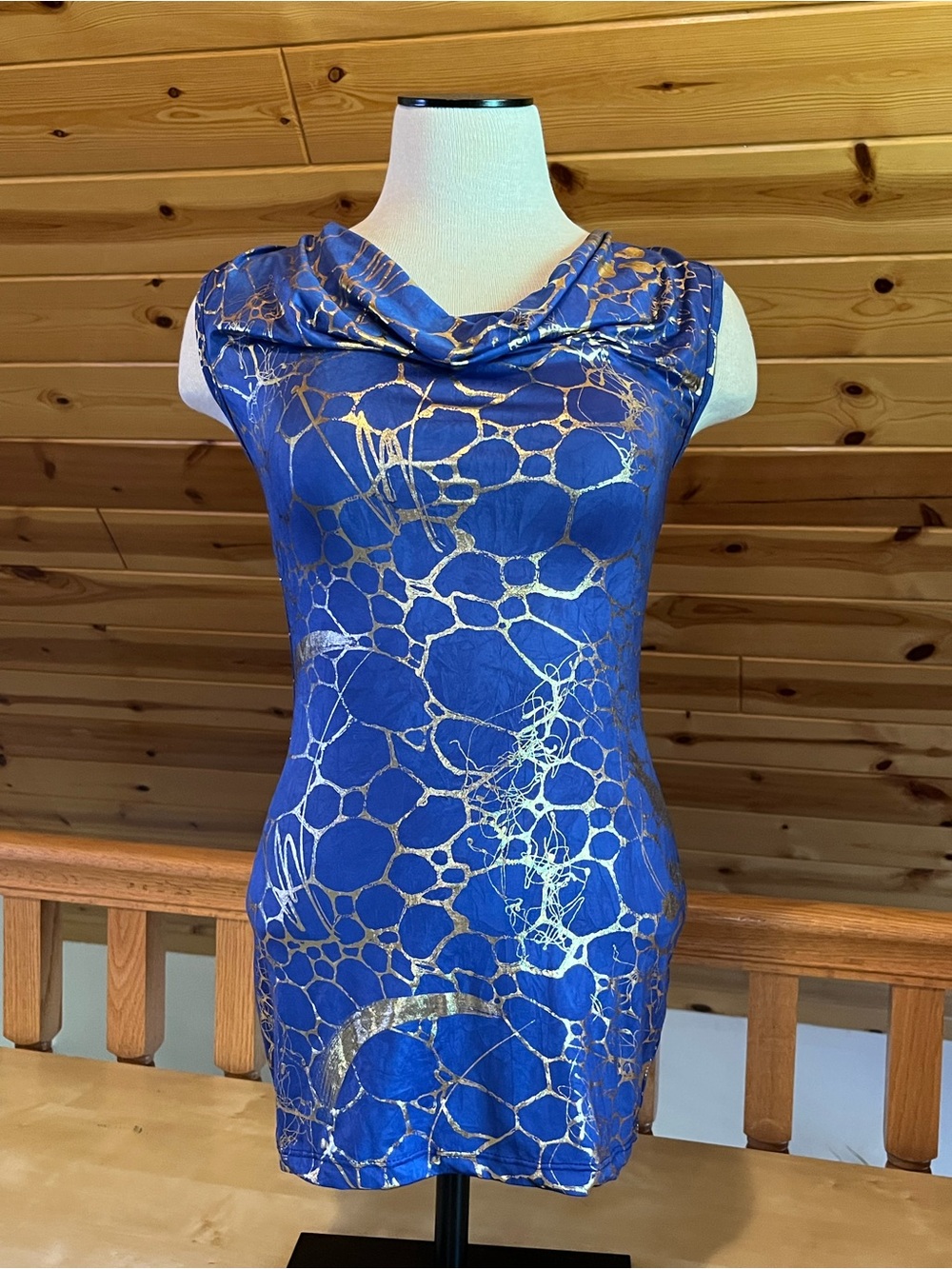 BOA Y2K Cobalt Blue Metallic Gold Print Cowl Neck Backless Women’s Top Size S